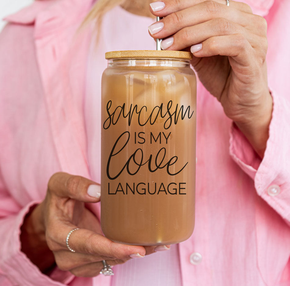 Gobelet en verre de 20 oz « Le sarcasme est mon langage amoureux » avec couvercle en bambou