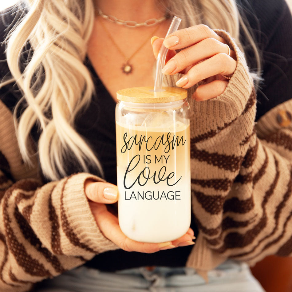 Gobelet en verre de 20 oz « Le sarcasme est mon langage amoureux » avec couvercle en bambou