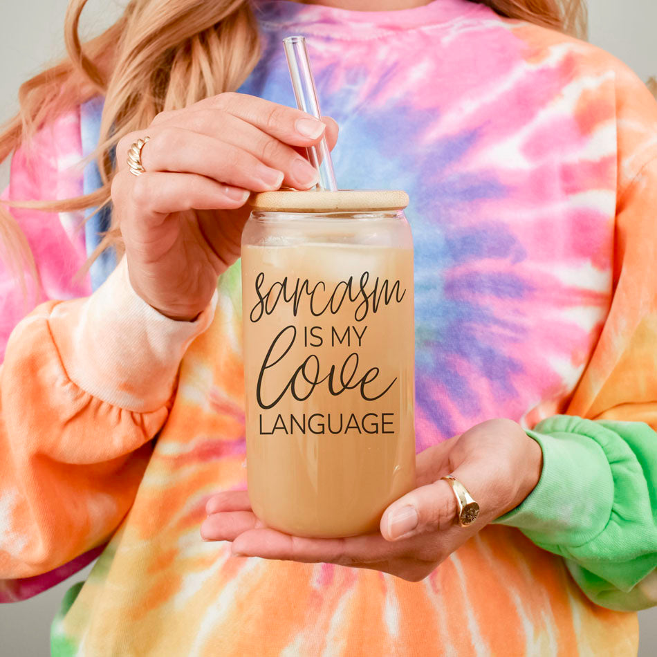 Gobelet en verre de 20 oz « Le sarcasme est mon langage amoureux » avec couvercle en bambou
