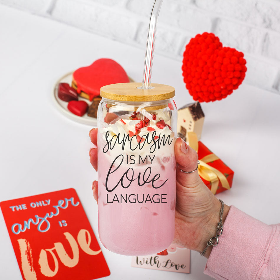 Gobelet en verre de 20 oz « Le sarcasme est mon langage amoureux » avec couvercle en bambou