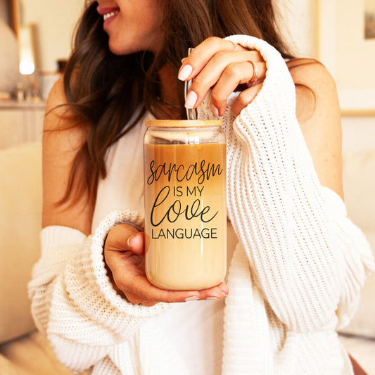 Gobelet en verre de 20 oz « Le sarcasme est mon langage amoureux » avec couvercle en bambou