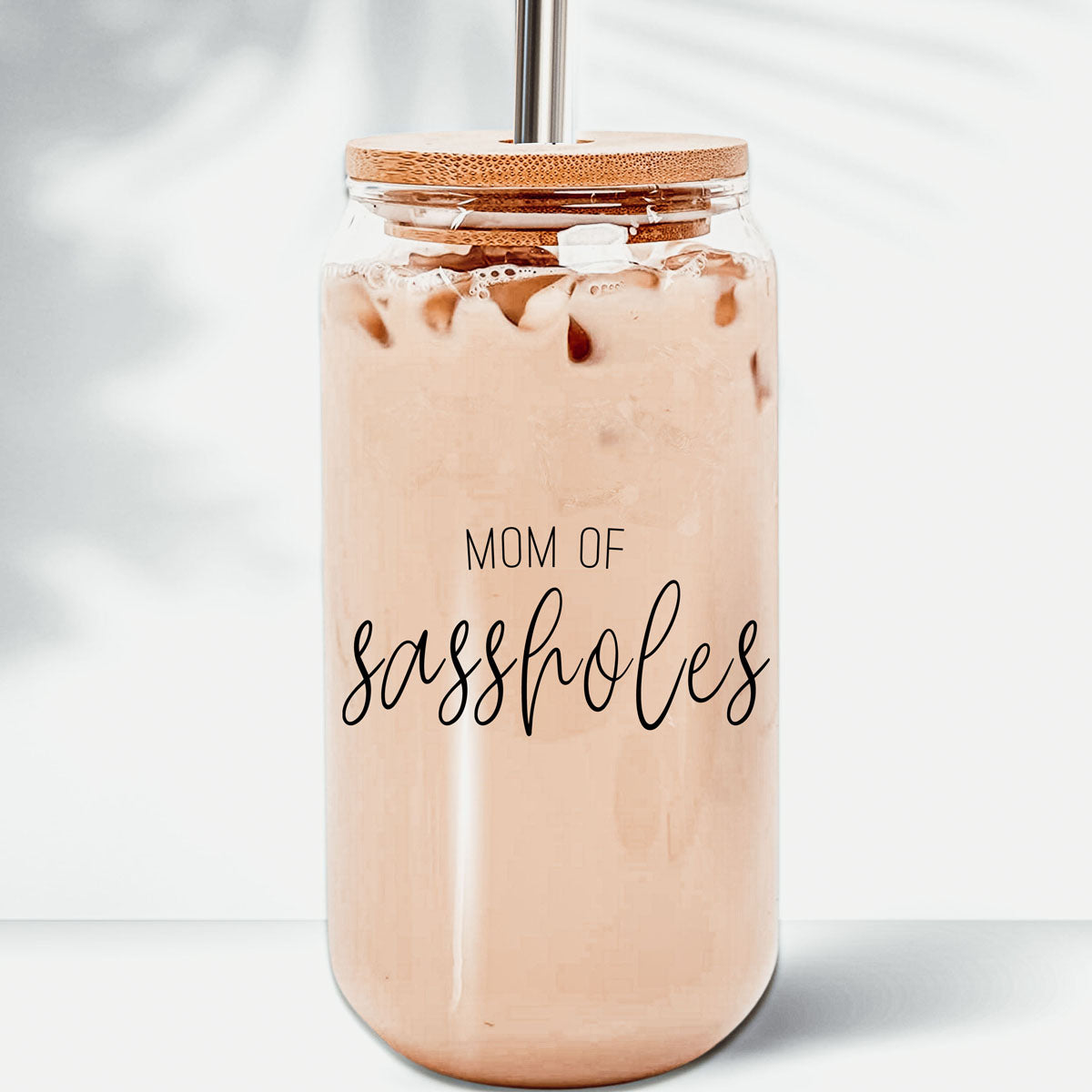 Gobelet en verre 17 oz « Funny Mom » avec couvercle en bambou, 2 pailles en acier inoxydable et brosse de nettoyage