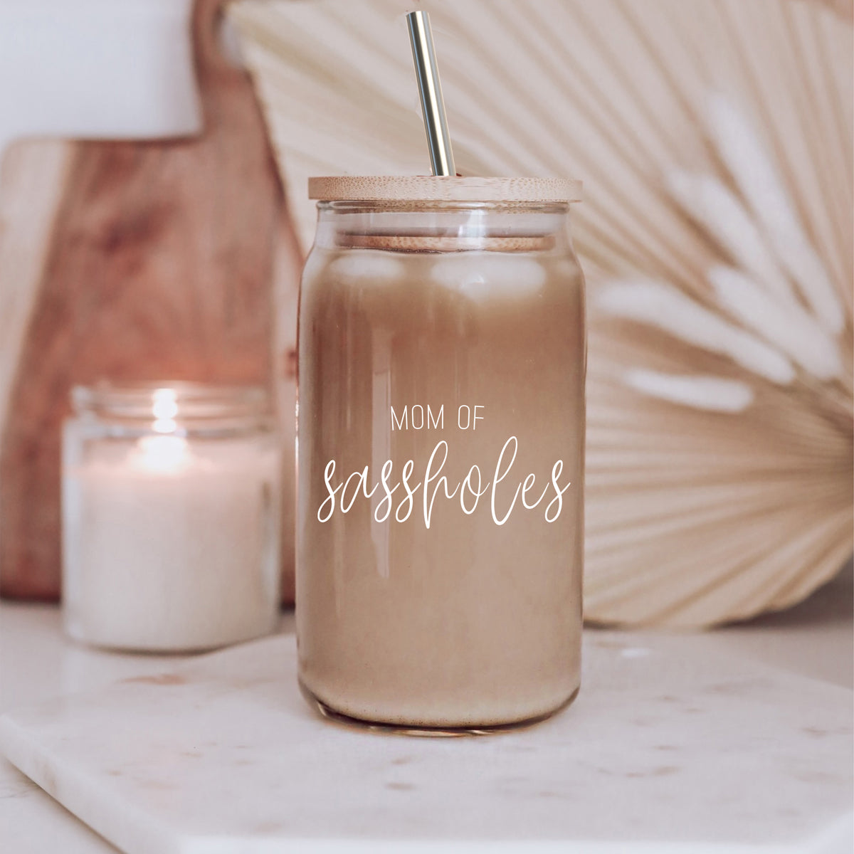 Funny Mom 17oz Glass Tumbler With Bamboo Lid, 2 Stainless Straws and Cleaner