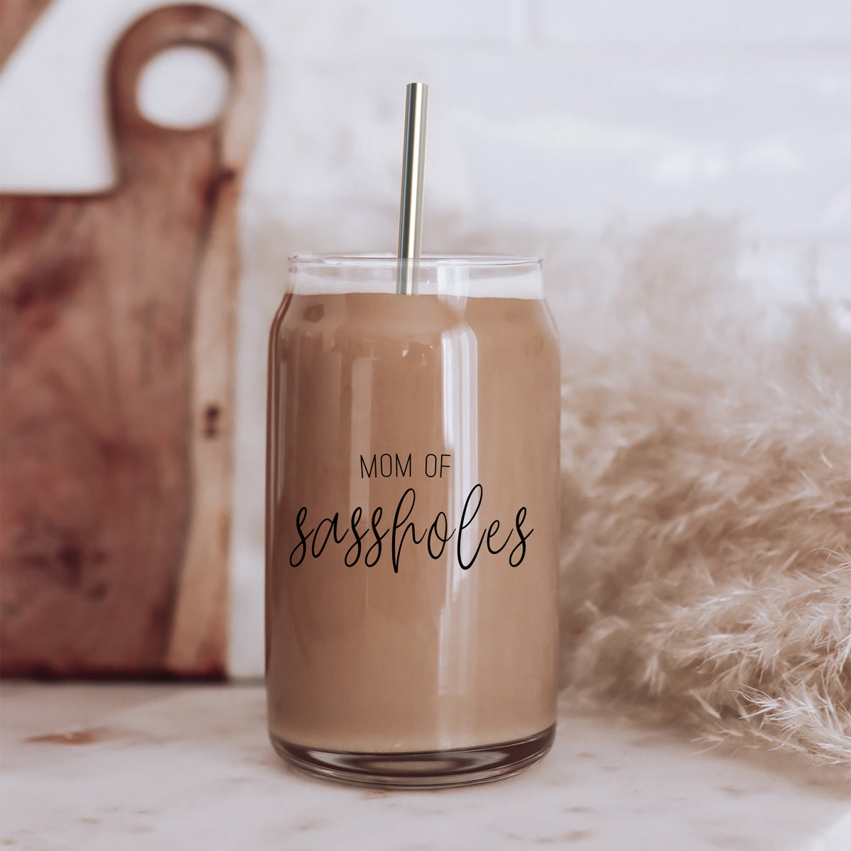 Gobelet en verre 17 oz « Funny Mom » avec couvercle en bambou, 2 pailles en acier inoxydable et brosse de nettoyage