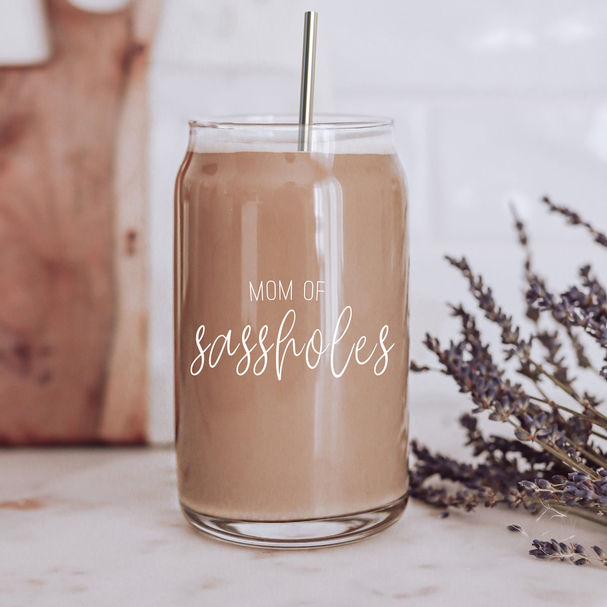 Funny Mom 17oz Glass Tumbler With Bamboo Lid, 2 Stainless Straws and Cleaner