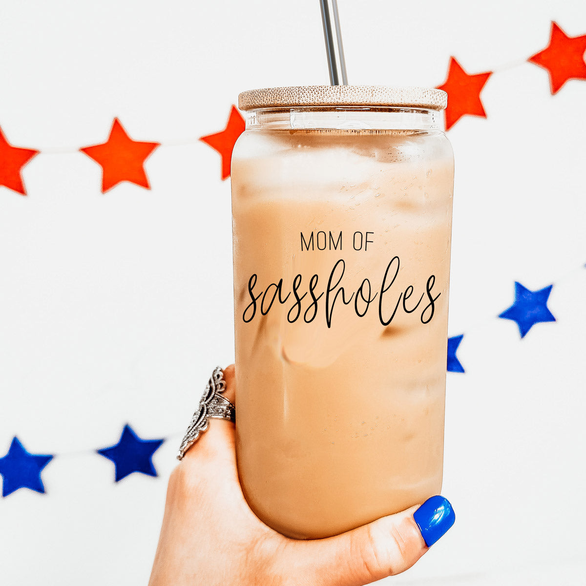 Funny Mom 17oz Glass Tumbler With Bamboo Lid, 2 Stainless Straws and Cleaner