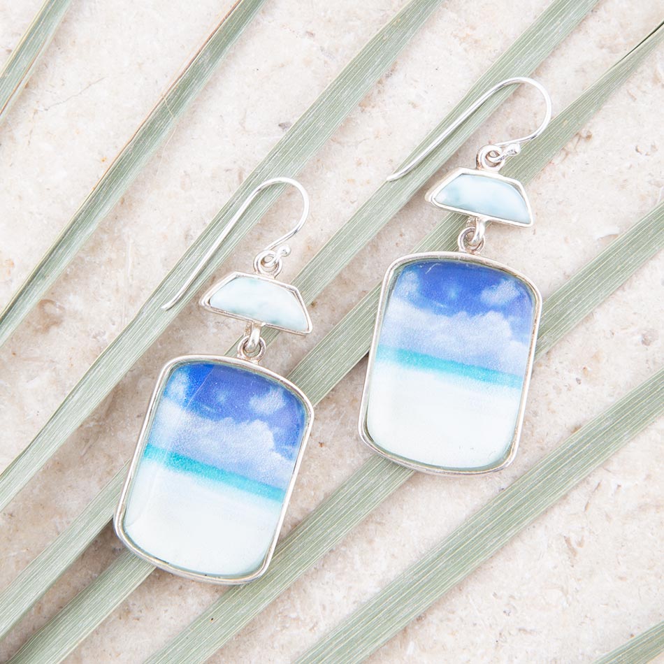Boucles d'oreilles pendantes en larimar bleu de plage pittoresque et argent sterling