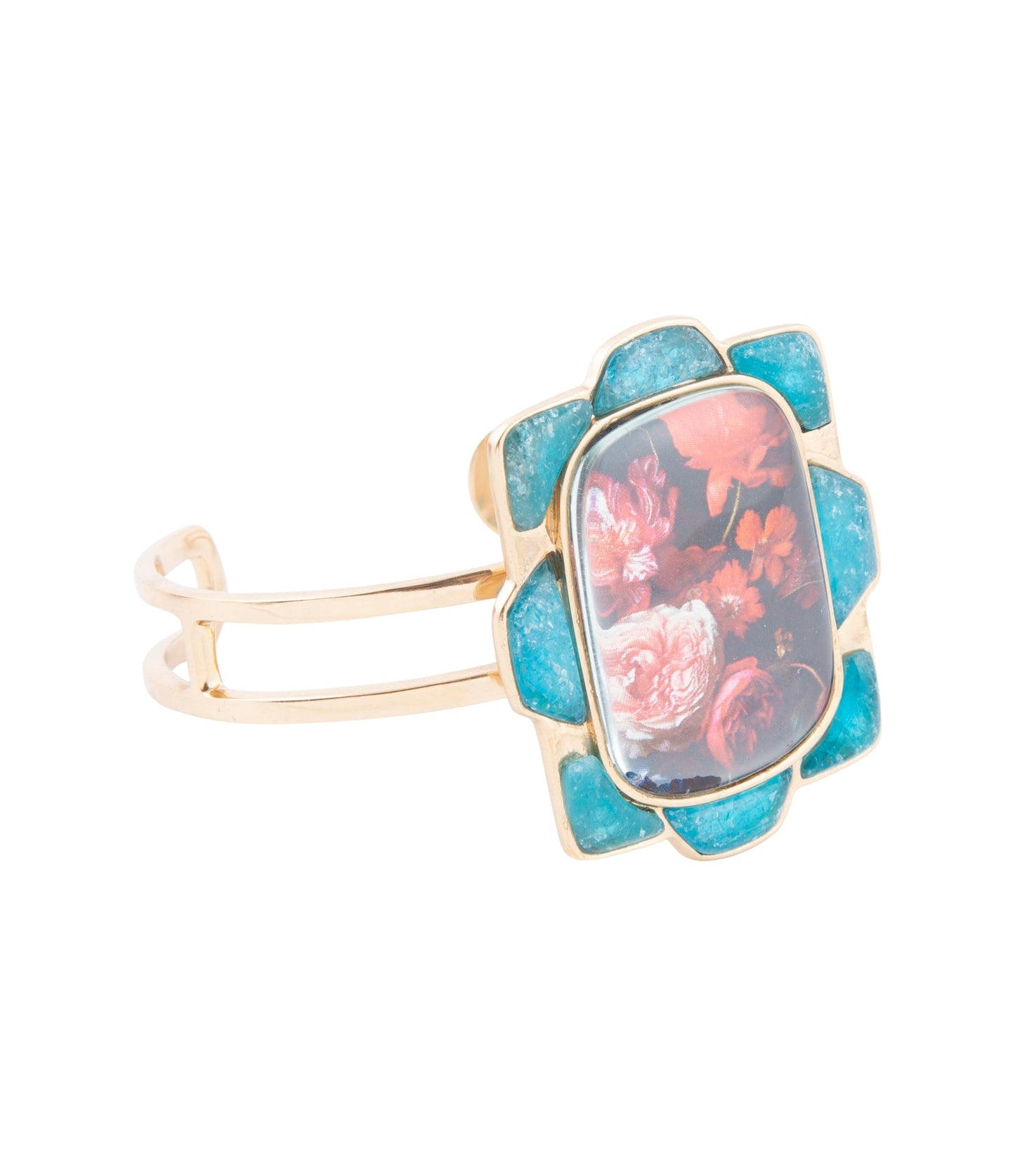 Bracelet manchette doré Scenic avec fleurs rouges et apatite bleue