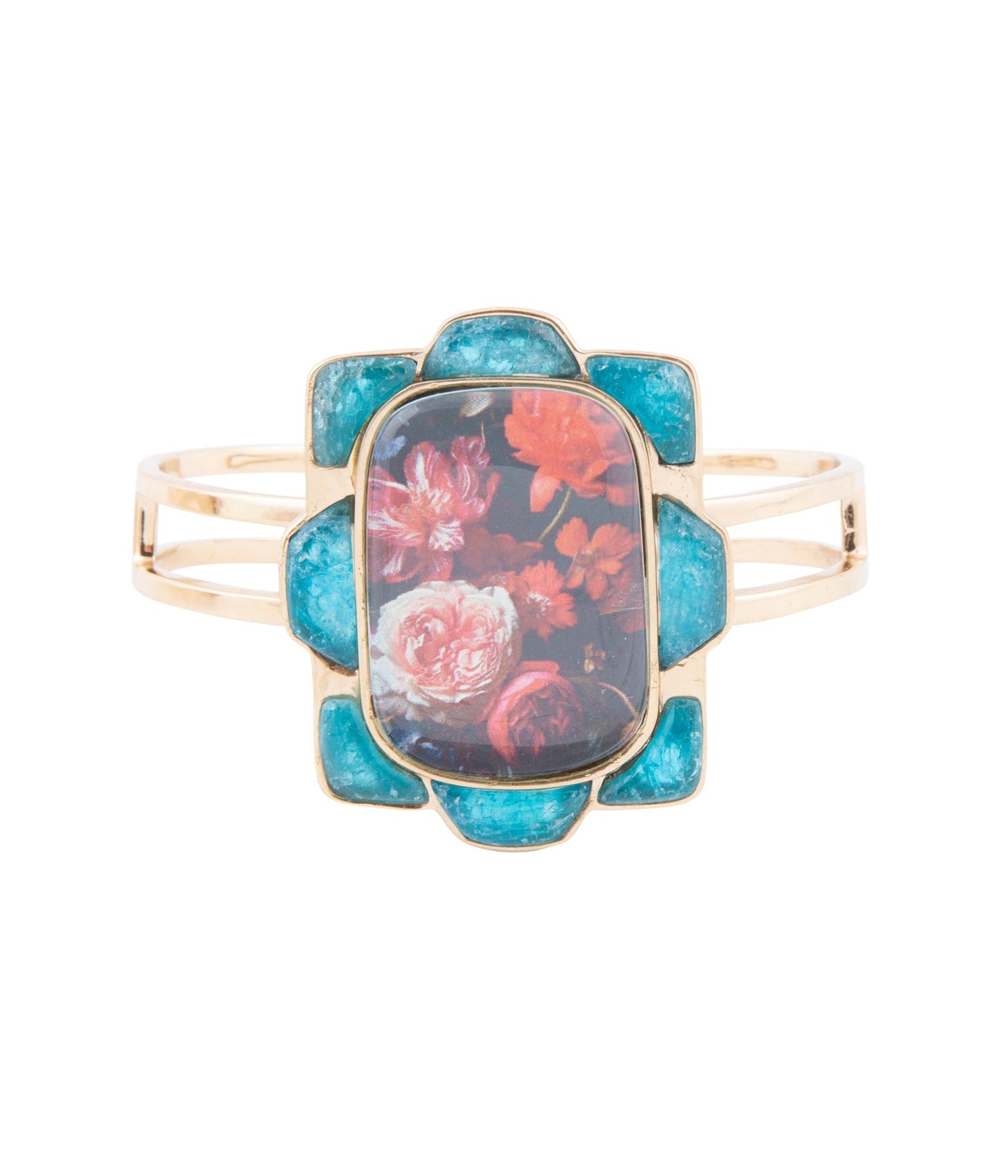 Bracelet manchette doré Scenic avec fleurs rouges et apatite bleue