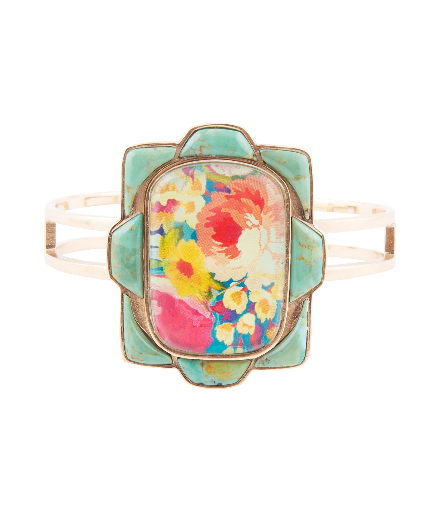 Malerisches Armband mit Blumenmuster in Blau, Türkis und Gold