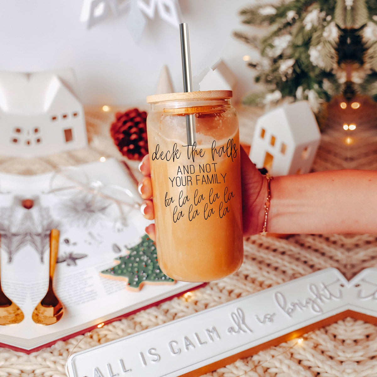 Deck The Halls 17oz Glass Tumbler With Bamboo Lid, Stainless Straws and Cleaner