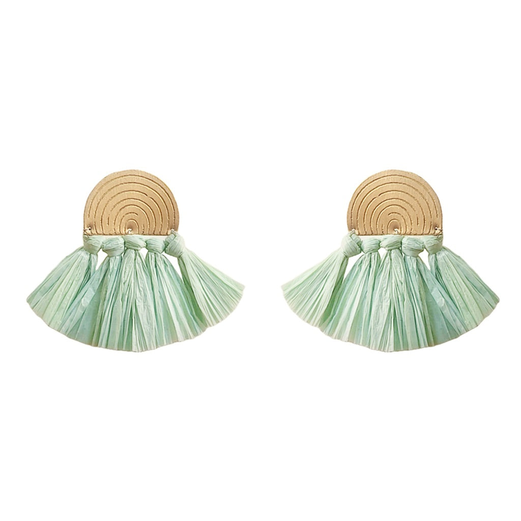 Boucles d'oreilles éventail en raphia vert de mer légères bohème en laiton pendantes bijoux d'été