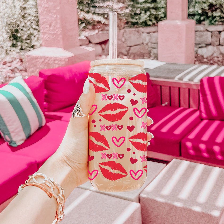 Self Love Club 20oz Glasbecher mit Bambusdeckel Rotes Herz Goldene Akzente
