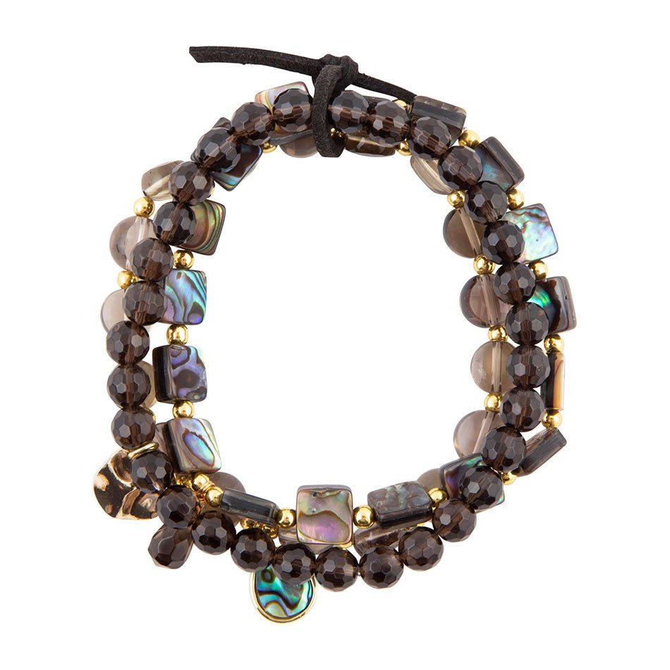 Set de bracelets quartz fumé noir et abalone bleue Sépia
