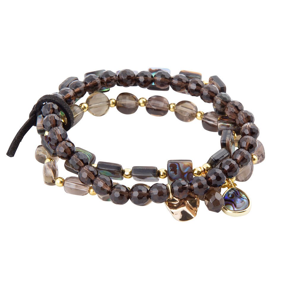 Set de bracelets quartz fumé noir et abalone bleue Sépia