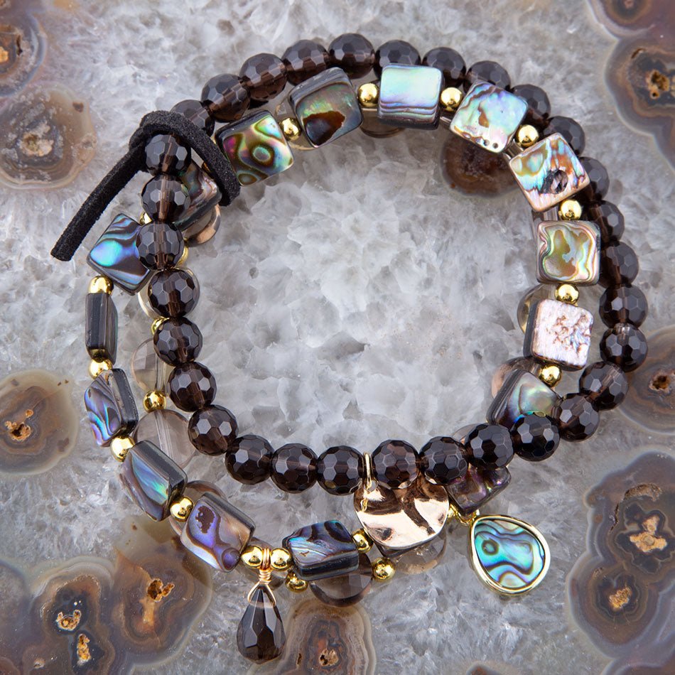 Set de bracelets quartz fumé noir et abalone bleue Sépia