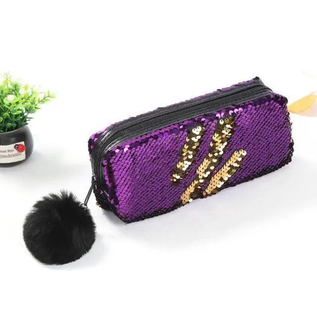 Shiny Reversible Girls Pencil Case Glitter Design Double Color Zipper Make Up Bag Stationery Case For Students