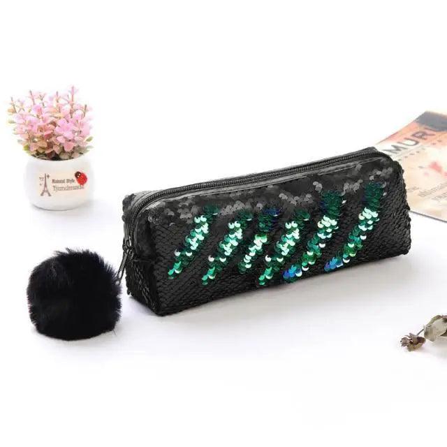 Shiny Reversible Girls Pencil Case Glitter Design Double Color Zipper Make Up Bag Stationery Case For Students