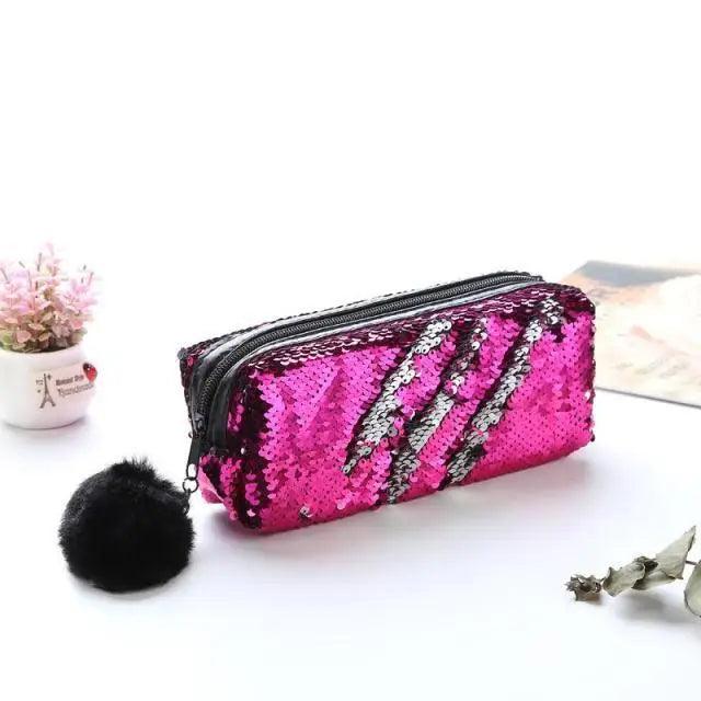 Shiny Reversible Girls Pencil Case Glitter Design Double Color Zipper Make Up Bag Stationery Case For Students