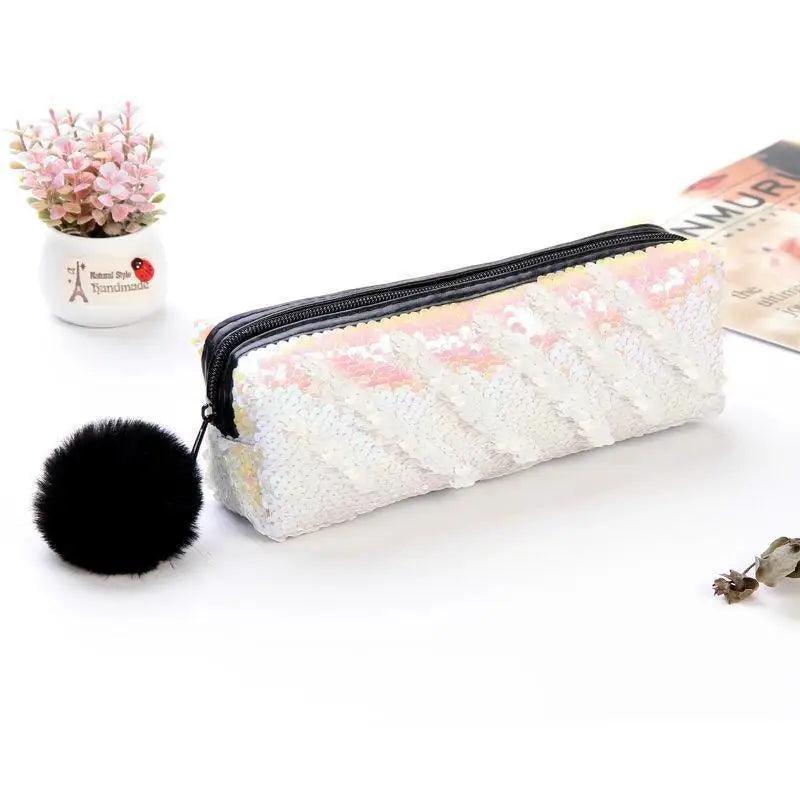 Shiny Reversible Girls Pencil Case Glitter Design Double Color Zipper Make Up Bag Stationery Case For Students