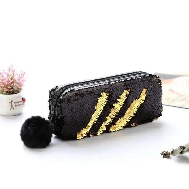 Shiny Reversible Girls Pencil Case Glitter Design Double Color Zipper Make Up Bag Stationery Case For Students
