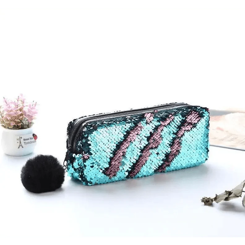 Shiny Reversible Girls Pencil Case Glitter Design Double Color Zipper Make Up Bag Stationery Case For Students