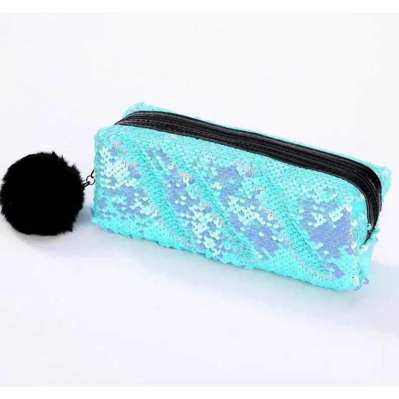 Shiny Reversible Girls Pencil Case Glitter Design Double Color Zipper Make Up Bag Stationery Case For Students