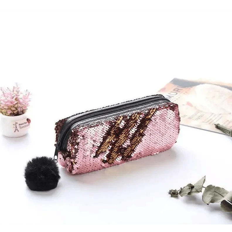 Shiny Reversible Girls Pencil Case Glitter Design Double Color Zipper Make Up Bag Stationery Case For Students