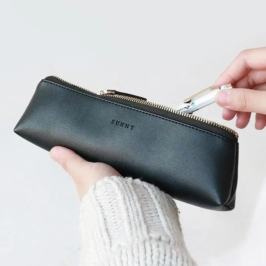 Simple Classic Black Leather Pencil Case For Students Vintage Pen Storage Case Unique Case For Office