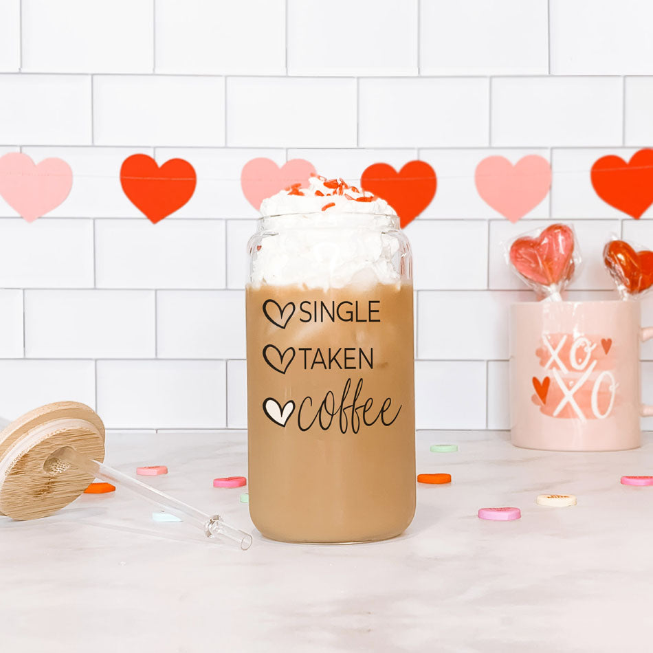 20oz Coffee Glass Cup With Bamboo Lid - Single Taken Coffee Heart Design