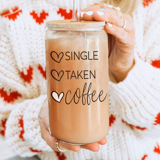 Tasse en Verre à Café de 20oz avec Couvercle en Bambou - Design Cœur de Café Célibataire ou en Couple