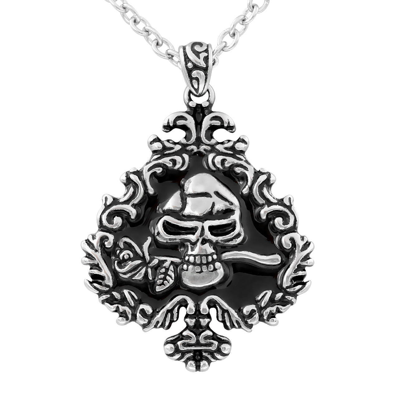 Collier Pendentif Gothique Rose Tête de Mort et Pique en Argent