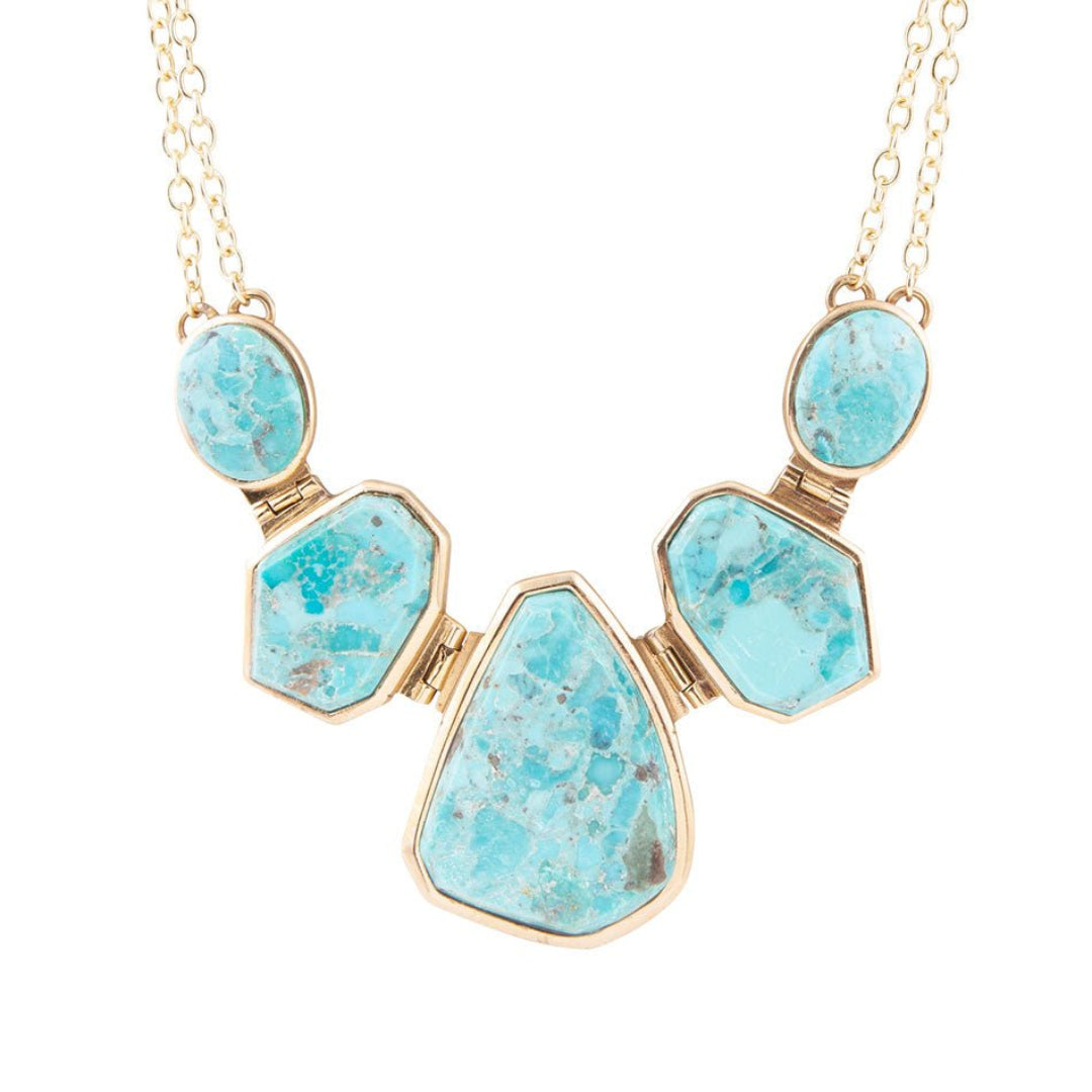 Collier plastron de grandes pierres en turquoise et or