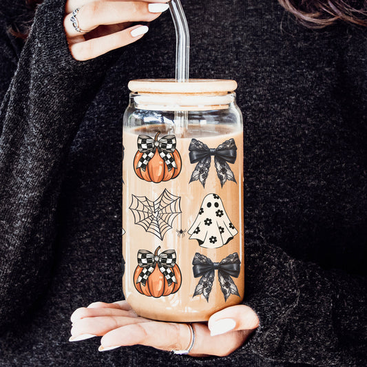 Halloween 20oz Glasbecher Bambusdeckel Edelstahl-Strohhalme Strohhalmreiniger