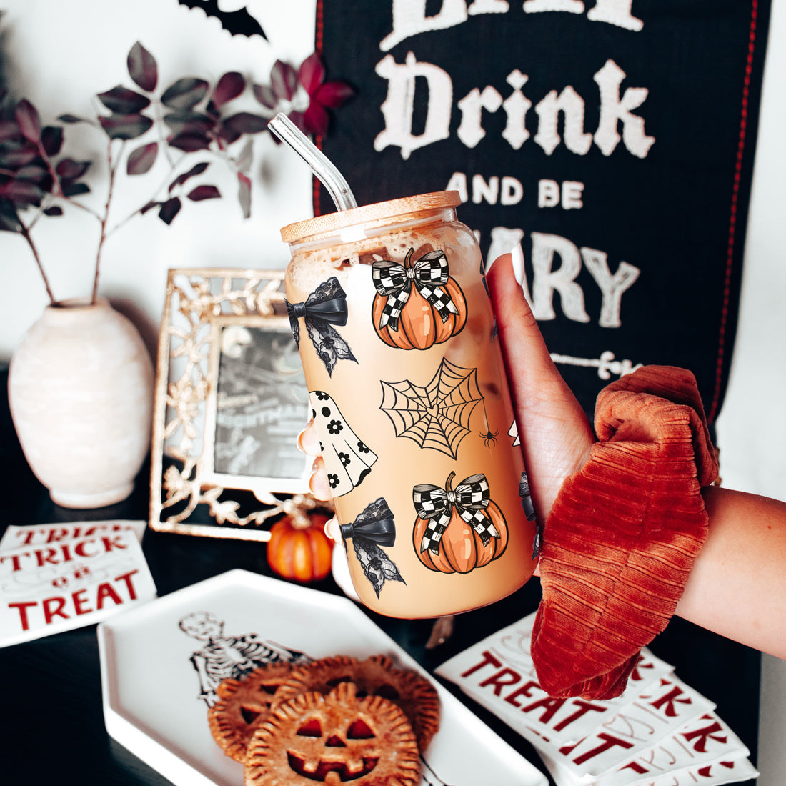 Halloween 20oz Glass Tumbler Bamboo Lid Stainless Straws Straw Cleaner