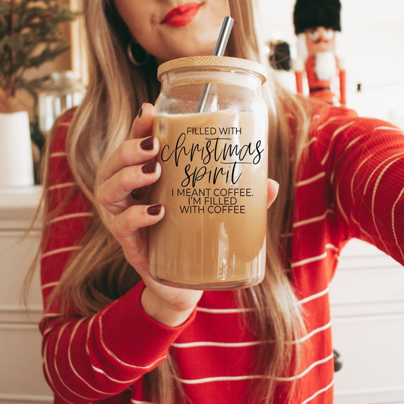 Weihnachtskaffee 500ml Glasbecher mit Bambusdeckel, Edelstahlstrohhalmen & Reiniger