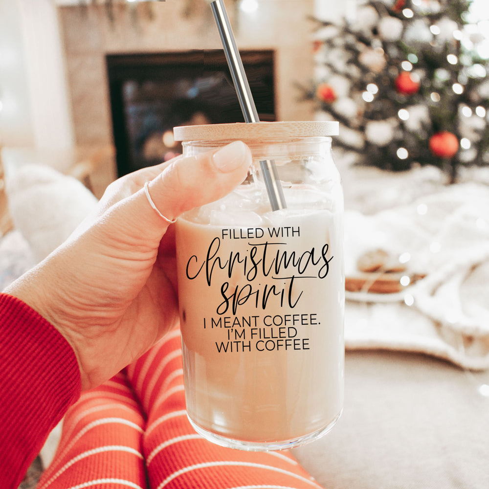Weihnachtskaffee 500ml Glasbecher mit Bambusdeckel, Edelstahlstrohhalmen & Reiniger