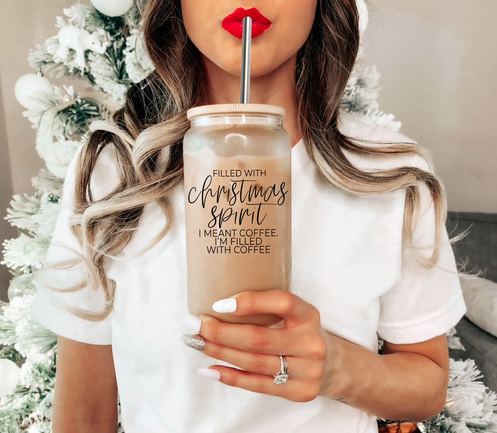 Weihnachtskaffee 500ml Glasbecher mit Bambusdeckel, Edelstahlstrohhalmen & Reiniger