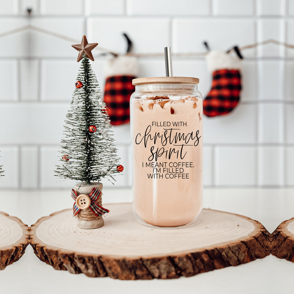 Weihnachtskaffee 500ml Glasbecher mit Bambusdeckel, Edelstahlstrohhalmen & Reiniger
