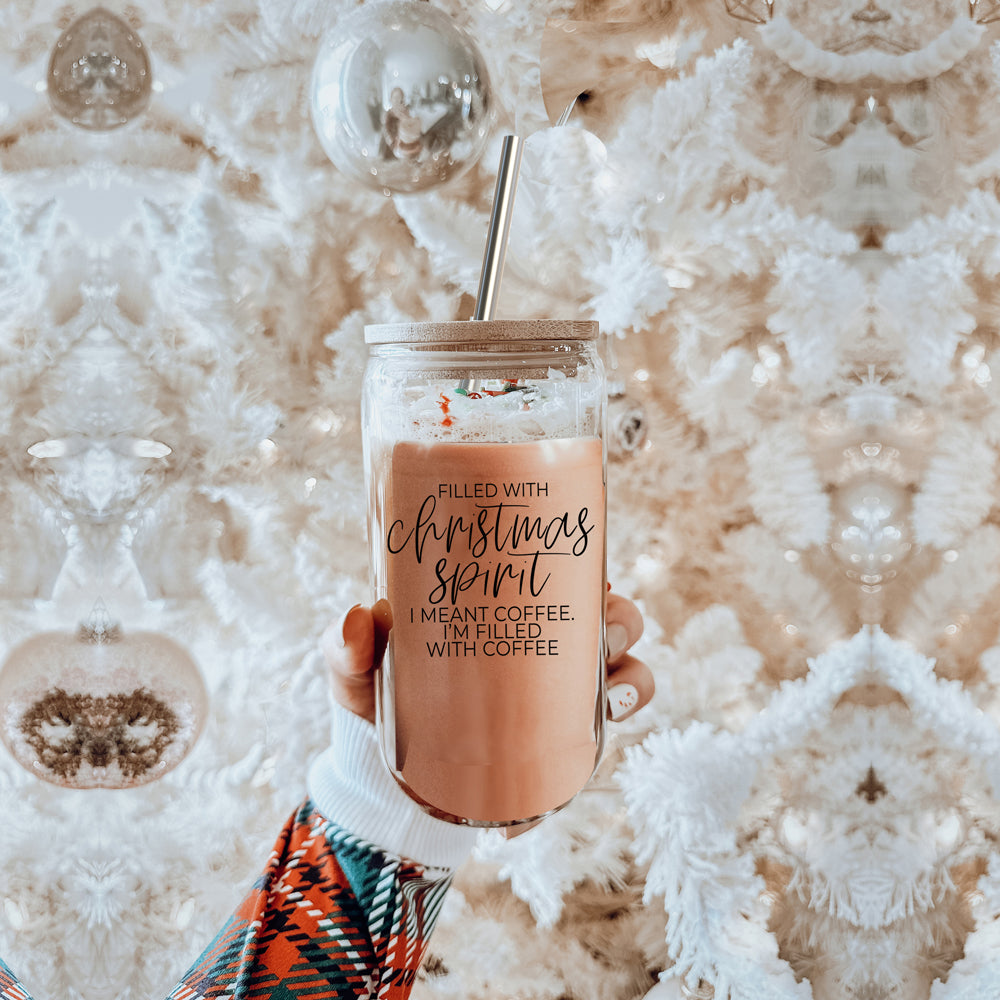 Weihnachtskaffee 500ml Glasbecher mit Bambusdeckel, Edelstahlstrohhalmen & Reiniger
