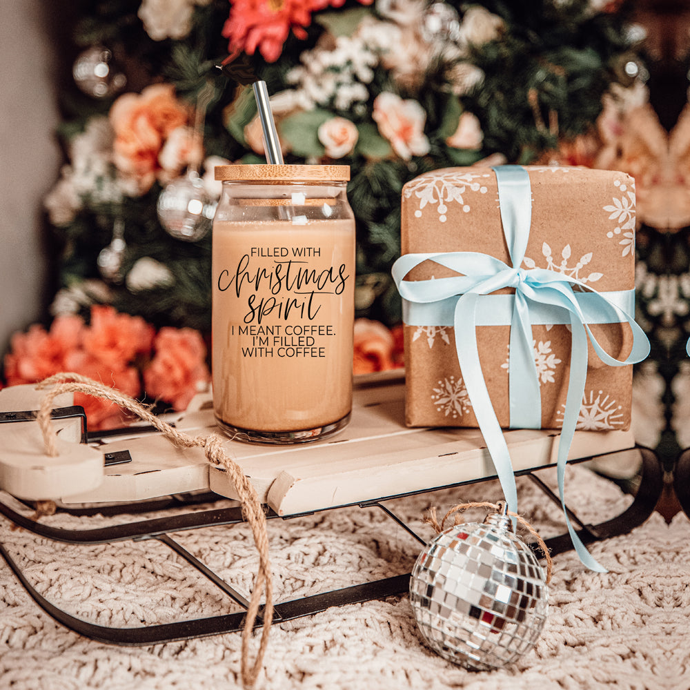 Weihnachtskaffee 500ml Glasbecher mit Bambusdeckel, Edelstahlstrohhalmen & Reiniger