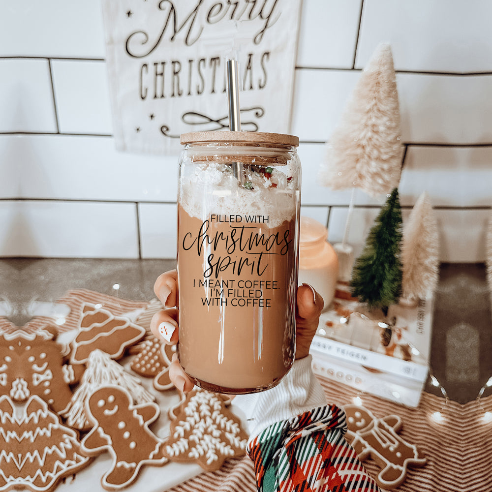 Weihnachtskaffee 500ml Glasbecher mit Bambusdeckel, Edelstahlstrohhalmen & Reiniger
