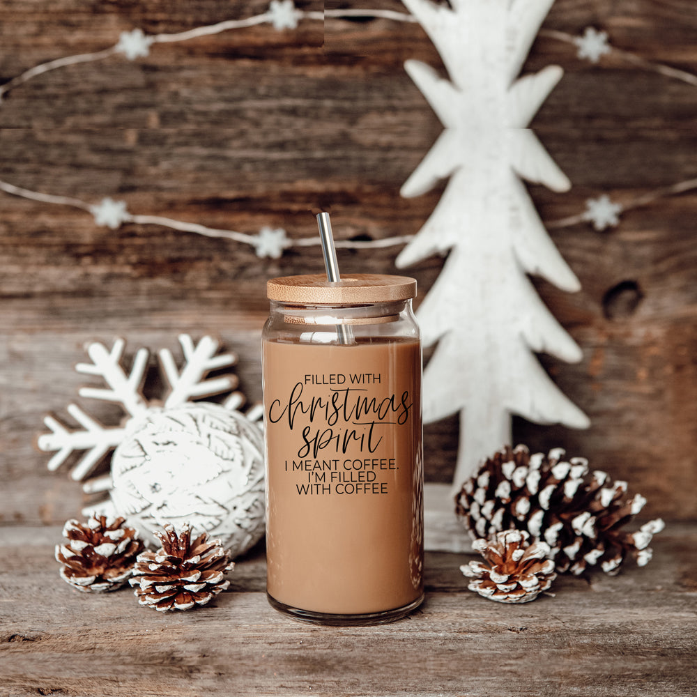 Weihnachtskaffee 500ml Glasbecher mit Bambusdeckel, Edelstahlstrohhalmen & Reiniger
