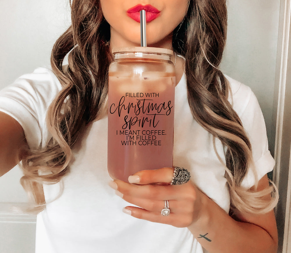 Weihnachtskaffee 500ml Glasbecher mit Bambusdeckel, Edelstahlstrohhalmen & Reiniger
