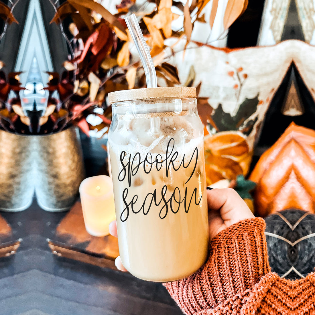 Hocus Pocus I Need Coffee 20oz Glass Tumbler Bamboo Lid 2 Stainless Straws
