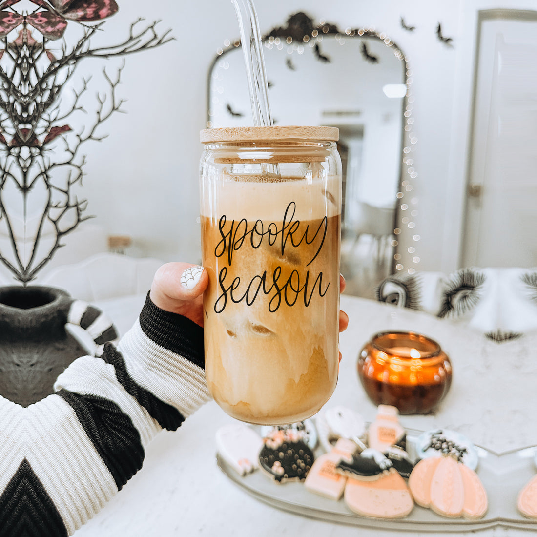Hocus Pocus I Need Coffee 20oz Glass Tumbler Bamboo Lid 2 Stainless Straws