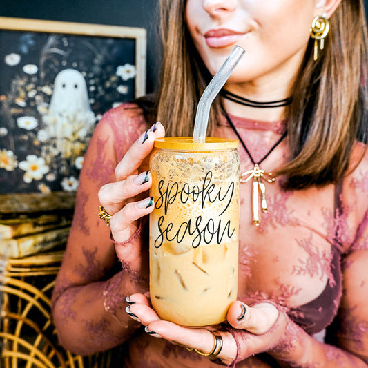 Hocus Pocus I Need Coffee 20oz Glass Tumbler Bamboo Lid 2 Stainless Straws