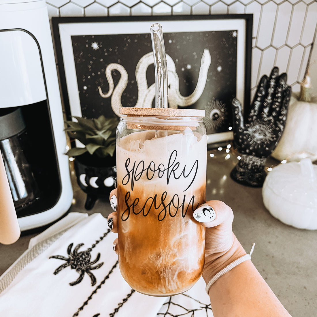 Hocus Pocus I Need Coffee 20oz Glass Tumbler Bamboo Lid 2 Stainless Straws