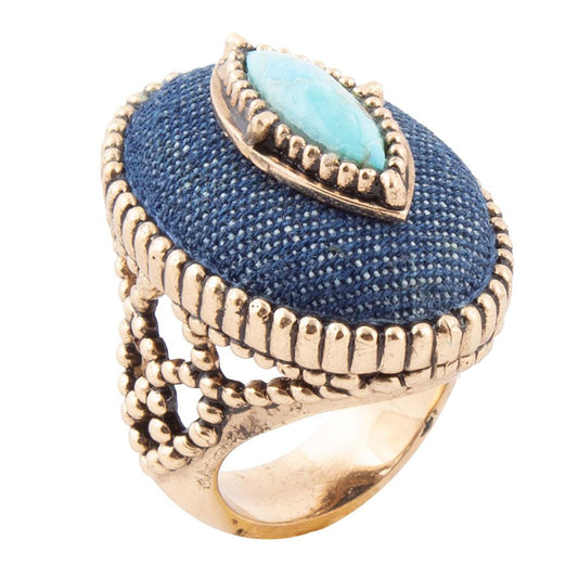 Gestapelter blauer Türkis- und goldener Statement-Ring aus Denim