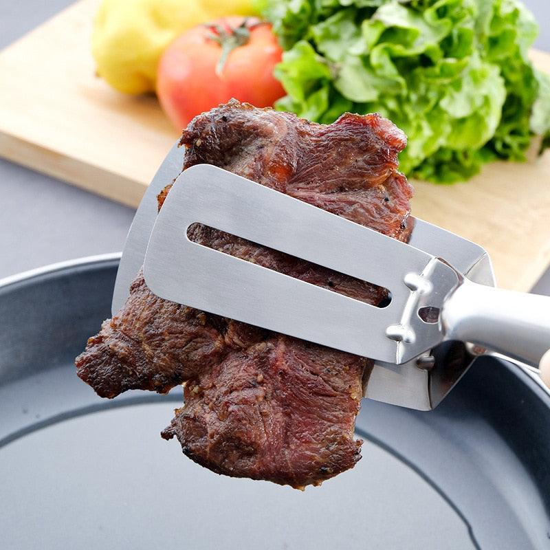 Edelstahl-Bratenschaufel-Clip, multifunktionale Steak-BBQ-Zange, Pfannkuchen-Brat-Pizza-Steak-Fisch-Spatel, Brot-Küchenwerkzeug, Edelstahl-Kochzange, multifunktionale Küchenzange zum Zubereiten von Salaten und Wenden von Steak-Klammern